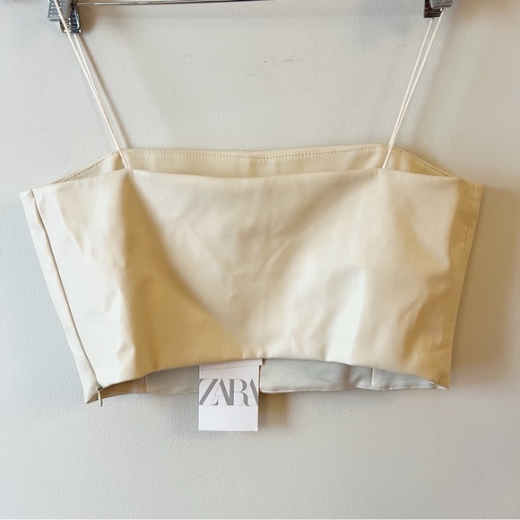 ZARA ECRU Beige FAUX LEATHER CROP TOP Spaghetti Straps Size Medium NEW - Picture 6 of 9
